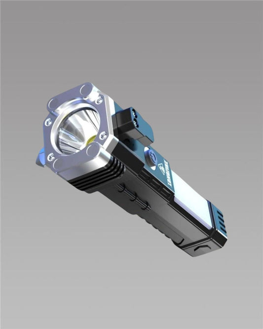 6-in-1 Rechargeable LED Torch Flashlight – Power Bank, Hammer, Magnet & Seat Belt Cutter