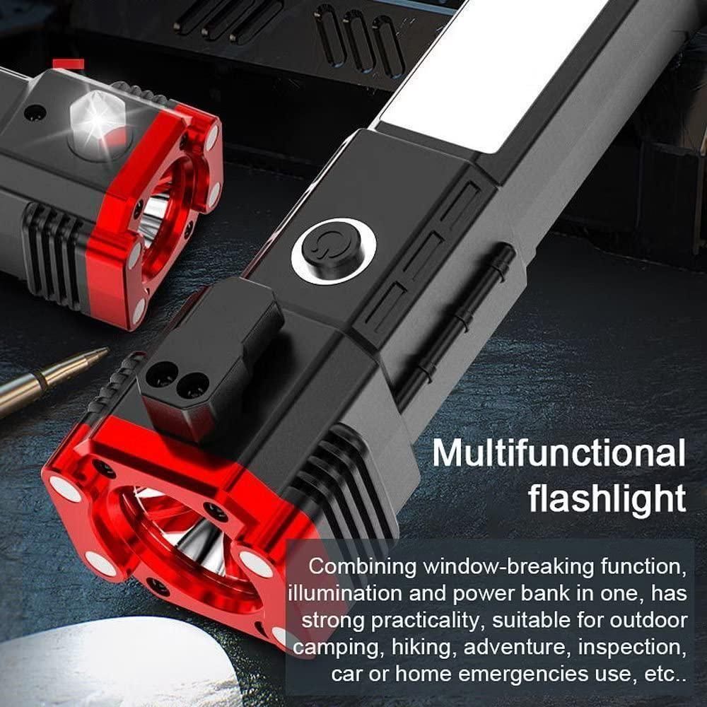 6-in-1 Rechargeable LED Torch Flashlight – Power Bank, Hammer, Magnet & Seat Belt Cutter