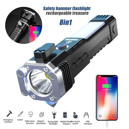 6-in-1 Rechargeable LED Torch Flashlight – Power Bank, Hammer, Magnet & Seat Belt Cutter