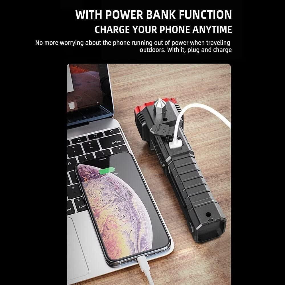 6-in-1 Rechargeable LED Torch Flashlight – Power Bank, Hammer, Magnet & Seat Belt Cutter