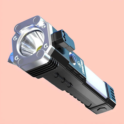 6-in-1 Rechargeable LED Torch Flashlight – Power Bank, Hammer, Magnet & Seat Belt Cutter