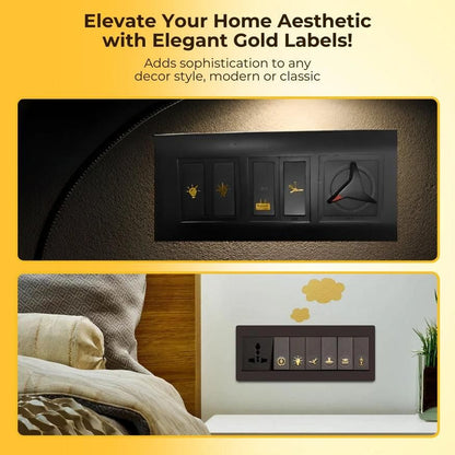 Gold Switch Board Stickers – Decorative Functional Icons | 100 & 200 Sticker Sets
