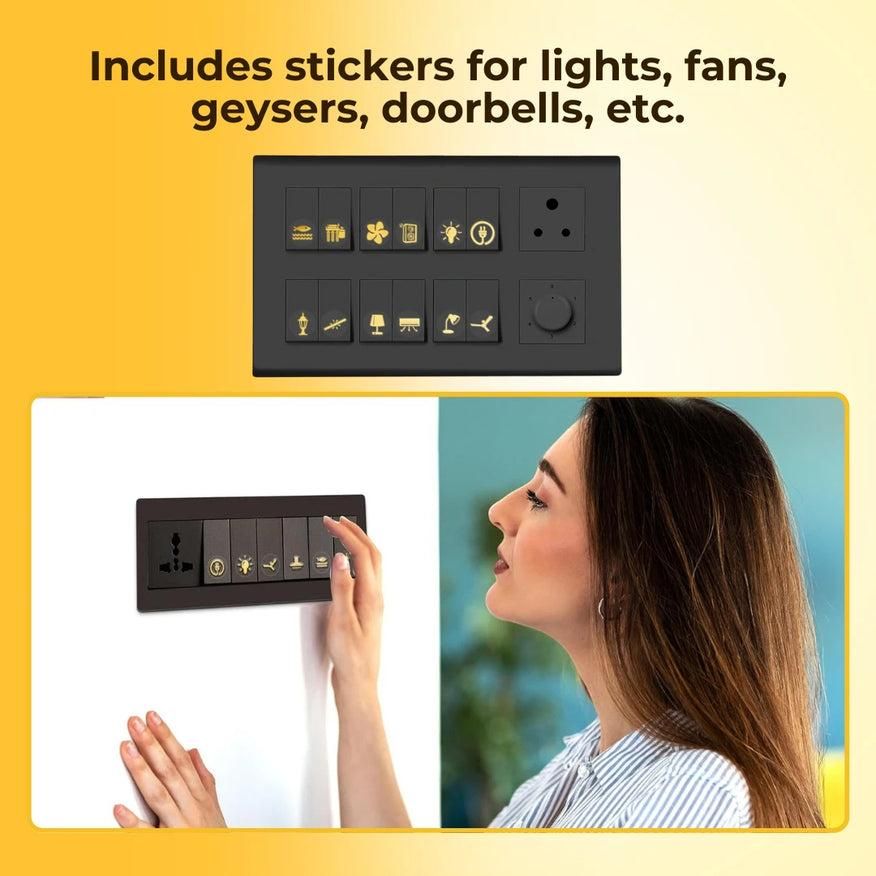 Gold Switch Board Stickers – Decorative Functional Icons | 100 & 200 Sticker Sets
