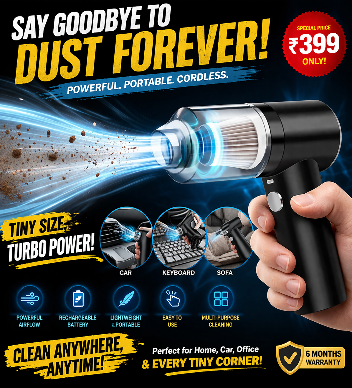 Clean Dust in Seconds – No Effort, No Wires | Electric Air Duster Cleaner – Cordless Dust Blower for Laptop, Keyboard, Phone & Car